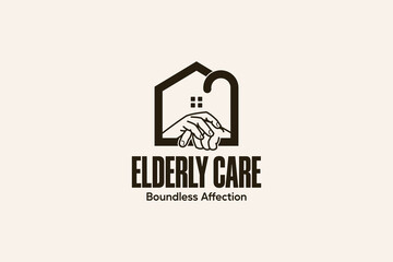 Home for the elderly logo design with the concept of two human hands holding a walking stick