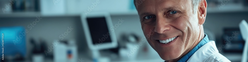 Poster Close-up shot of a lab technician wearing a lab coat, possibly working on an experiment or analyzing samples