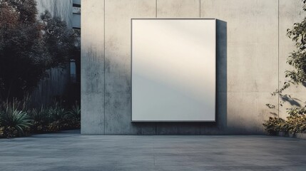 Blank vertical poster on urban concrete wall in outdoors setting with foliage