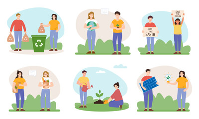 Eco lifestyle illustration set. Zero-waste lifestyle, saving and protecting planet. Conscious consumers with recycled and renewable products. Vector illustration