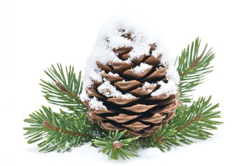 A close-up shot of a pine cone covered in snow