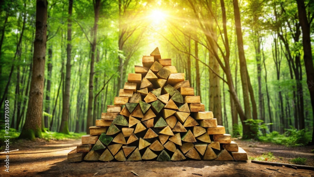 Poster a neatly stacked pyramid of firewood logs in a sun-dappled forest path