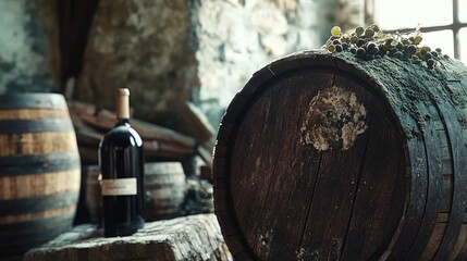 Vintage barrels in rustic setting with wine bottle