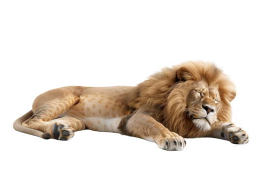 Sleeping lion in peaceful resting pose with majestic mane and paws tucked under its relaxed body