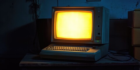 Vintage desktop computer monitor sitting on a workbench, with visible wear and age damage.