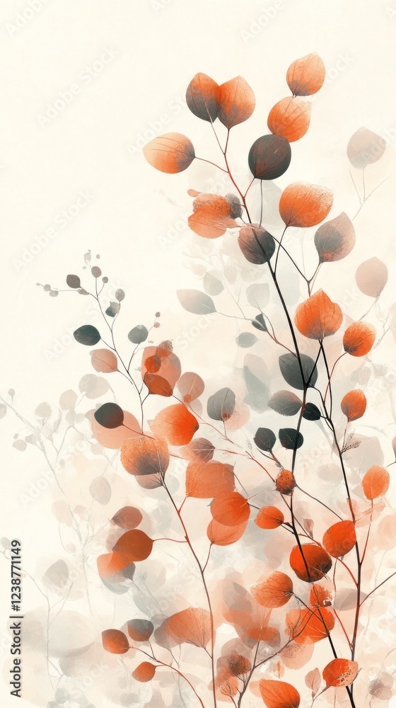 Poster lush branches adorned with vivid orange and soft gray leaves create an enchanting display, embodying