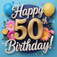 Happy 50th birthday celebration card design with colorful balloons and flowers
