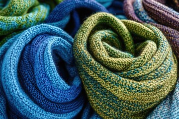 Fototapeta premium Colorful knitted scarves stacked on top of each other, perfect for interior design or fashion photography