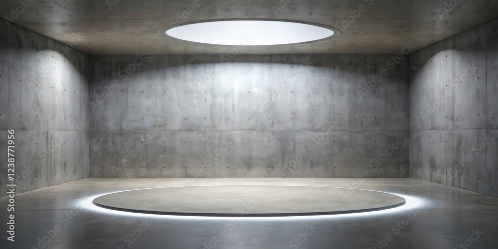 Poster empty circular platform in minimalist concrete room with subtle lighting