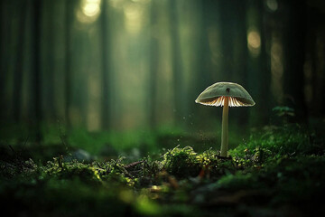 Fototapeta premium Glowing mushroom in a forest at dawn