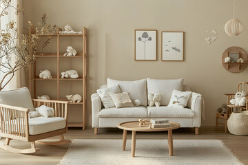 Obraz premium Serene Nursery Interior Design with Wooden Furniture and Plush Toys