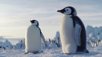 Obraz premium Adorable penguins in ice and snow environment. One standing, one sitting on rocky ground.