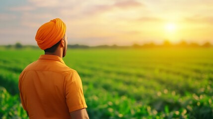 Man in orange turban gazing at sunset over green fields, symbolizing hope and tranquility