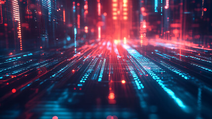 A vibrant digital landscape with flowing lines of data, illuminated in blue and red hues, creating a sense of depth and motion.