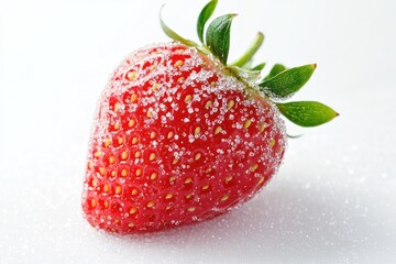 A single sugared strawberry rests on a white surface