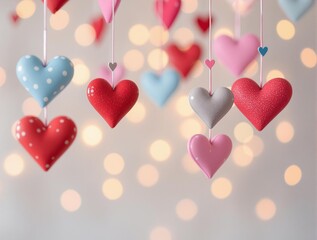 brightly colored hearts suspended from strings, creating a lively and joyful ambiance
