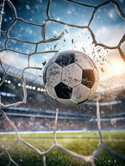Dynamic soccer goal moment! A black-and-white ball smashes into the net in a packed stadium, capturing the thrill of victory. Perfect for sports ads, motivation, and competitive spirit visuals