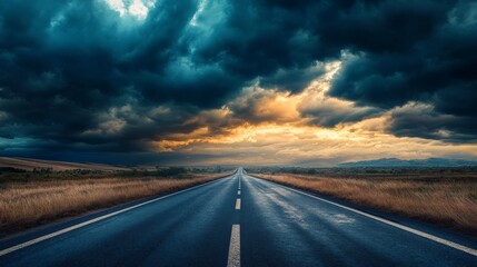 A road against a stormy sky with dark clouds