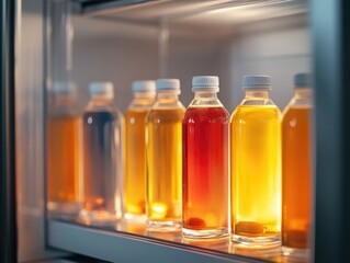 A row of bottles of different colored drinks are lined up on a shelf. The bottles are of various sizes and colors, including red, yellow, and blue. Concept of variety and abundance