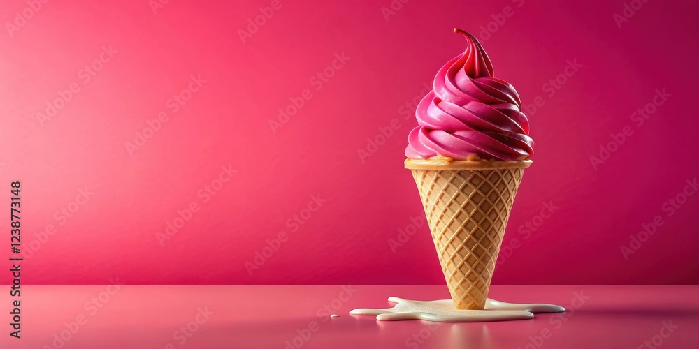 Poster pink swirl soft serve ice cream melting in a waffle cone on a pink surface