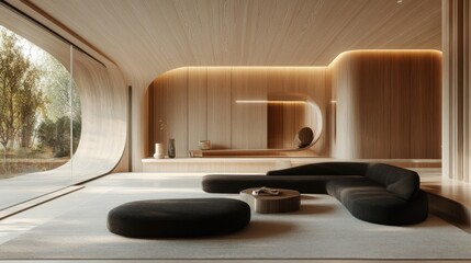 Modern minimalist living room with curved wooden architecture and large windows