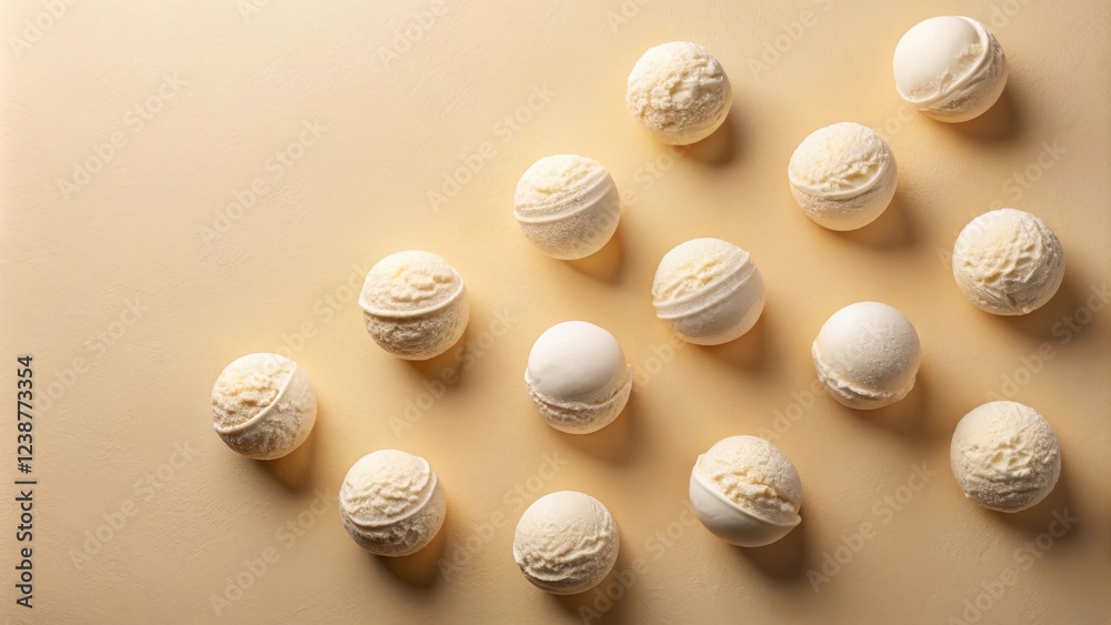 Poster creamy vanilla ice cream scoops arranged in a diagonal pattern on a pale yellow background