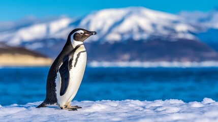 Fototapeta premium A solitary penguin stands on a snowy landscape with majestic mountains and a blue ocean in the background