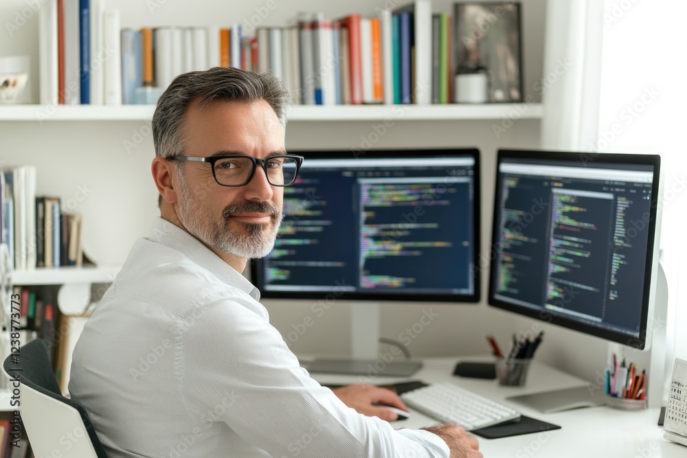 Aufkleber a person sitting at a desk with multiple screens, possibly working or studying