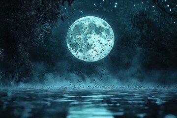 Fototapeta premium Enchanting Moonlit Night with Silhouetted Bats over Calm Water