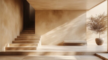 Minimalist sunlit interior with stairs, bench, and potted tree in soft tones