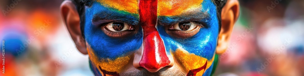 Poster close-up portrait of a person with colorful makeup and painted features, ideal for use in costume de
