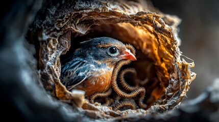 Obraz premium Bird nest encounter intestinal worms in wildlife nature habitat close-up perspective ecological insight