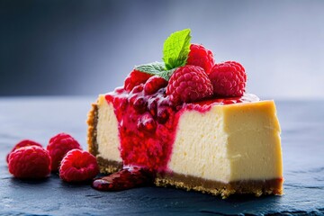 A slice of creamy cheesecake topped with fresh raspberries, perfect for dessert or snack