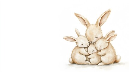 Obraz premium A Mother Rabbit Gently Hugs Her Three Baby Bunnies