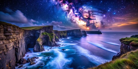 Fototapeta premium Enchanting Irish Night: Dramatic Coastal Cliffs Under Starry Sky