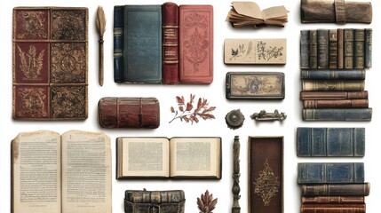 Vintage books, open pages, and decorative items arranged neatly on white background