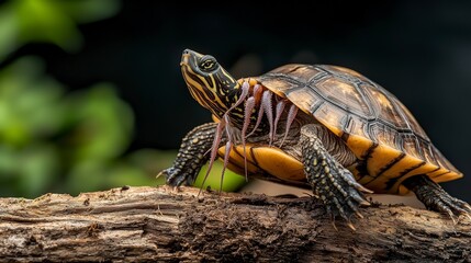 Naklejka premium Macro view of parasitic leeches on turtle shell intricate wildlife relationships in aquatic environments