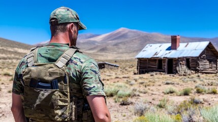 Soldier in camouflage surveying a deserted landscape with an abandoned cabin under a clear sky