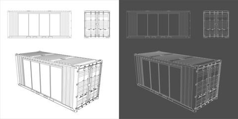 Shipping Container Office Technical Line Drawing 20ft – Vector Blueprint Illustration © WINDERFULL STUDIO