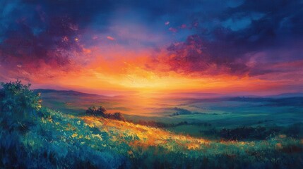 Naklejka premium Vibrant sunset over rolling hills with dramatic sky and lush greenery