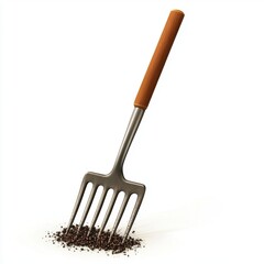 Pitchfork with soil-covered tines, isolated on white background