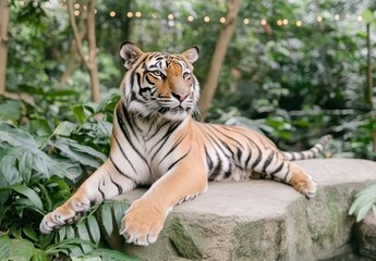 Obraz premium Majestic Tiger Relaxing on a Stone in a Lush Green Environment