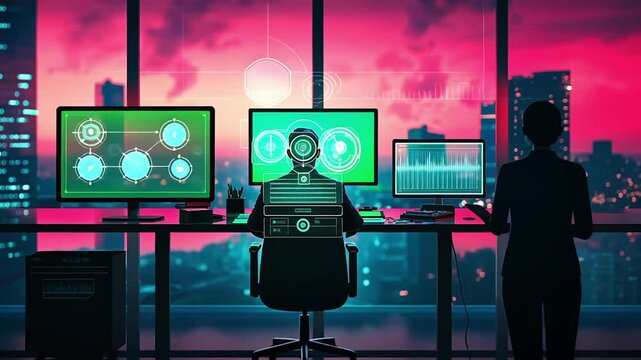 A sleek home office with a desktop monitor featuring a green chromakey screen, colorful course modules displayed on the desk, blurred figure sitting with their back to the camera, creating a focused