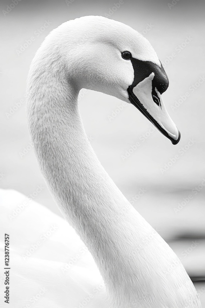 Poster a close-up view of a swan's head with water in the background
