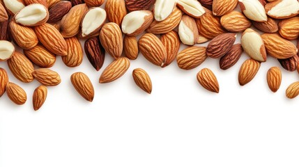 Assorted almonds spread on white background showing whole and shelled nuts