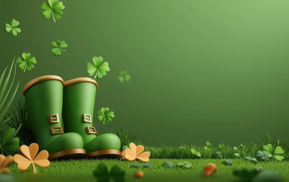 Playful Saint Patrick Day theme with leprechaun boots, dancing clovers, and a whimsical space for text