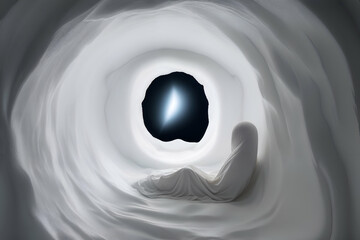 A white abstract figure of a man waiting in front of the opening of a portal to another world, the concept of dying or the birth of a soul