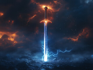 a sword standing upright in a fiery, stormy landscape, with lightning striking in the background and rain falling.