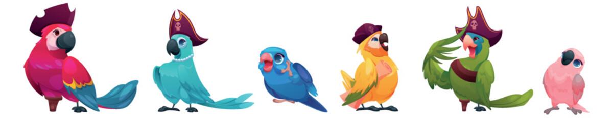 Parrot characters. Happy bird in sailor hat. Ocean pirate captain. Animal mascot with fun telescope. Cute sea parakeet. Funny macaw. Exotic bright feathers. Vector cartoon avian set