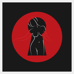 Beautiful naked girl. Naked pinup woman in keyhole. Peeped through the keyhole. Erotic vector Illustration